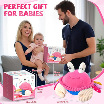 SAIMAND Pink Crawling Crab Baby Toy - Rechargeable Musical Plush Toys with 40 Songs & Voice Recorder, Sensory Toy for Infant Tummy Time, Soft Toy for 12-18 Months Girl, Gift for Toddlers 1-3