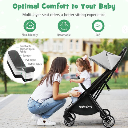 BABY JOY Lightweight Baby Stroller, Compact Travel Stroller for Airplane, Infant Toddler Stroller w/Adjustable Backrest & Canopy, Storage Basket, Self Standing Gravity Fold, Aluminium Frame (Pink)