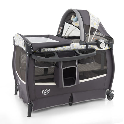 BABY JOY 4 in 1 Pack and Play, Portable Baby Playard with Bassinet & Flip-Away Changing Table, Canopy, Portable Bedside Crib with Storage Basket, Oxford Bag, Infant Bassinet from Newborn to Toddlers