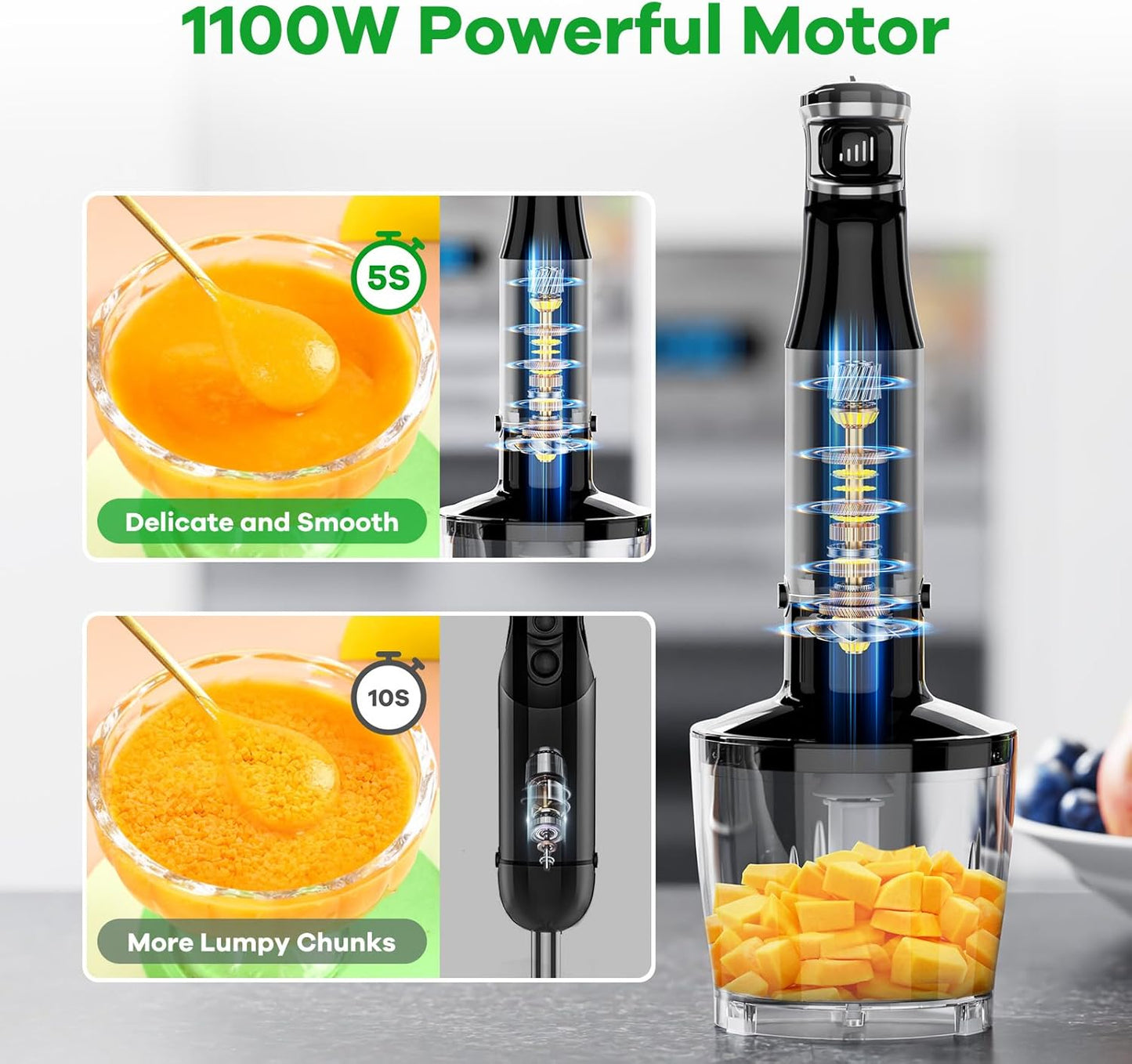 Turelar Immersion Blender Handheld Corded Hand Blenders Set 1100W, Trigger Variable Speed 5 in 1 Stick Emulsifier with Chopper, Whisk and Frother for Soup, Baby Food and Smoothies, Orange