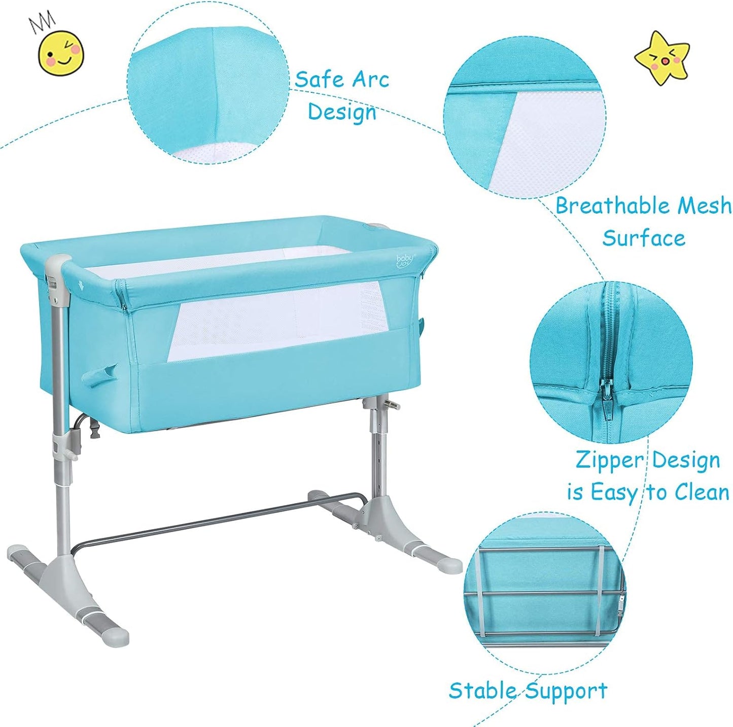 BABY JOY Baby Bedside Crib, Portable Travel Sleeper Bed Side Bassinet w/Carrying Bag, Newborn Bassinet to Infant, Kids Crib with Detachable Mattress, Height Adjustable Design, Breathable Mesh, Grey