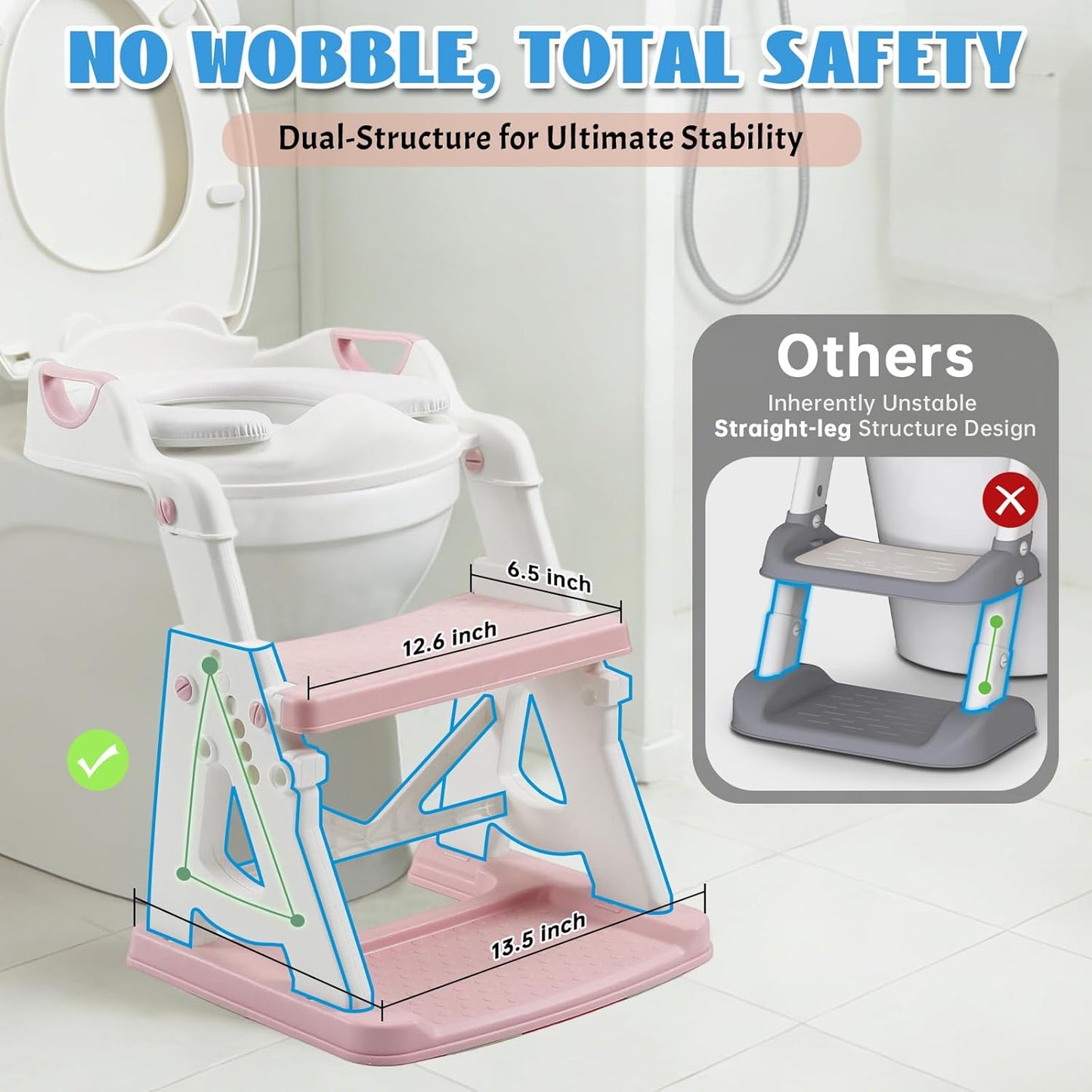 Potty Training Toilet Seat, Stable Potty Training Seat with Step Stool, 2 in 1 Toddler Toilet Seat with Steps for Kids Boys Girls, Toddler Potty Seat with Ladder, Splash Guard, Anti-Slip Pads (Gray)