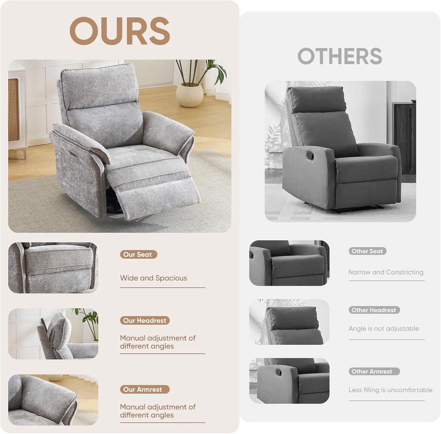 Oversized Glider Rocker Recliner, 26" Extra Wide 360° Swivel Nursery Recliner with Adjustable Headrest, Chenille Rocking Nursery Chair with Overstuffed Armrest, Lumbar Support, Light Grey