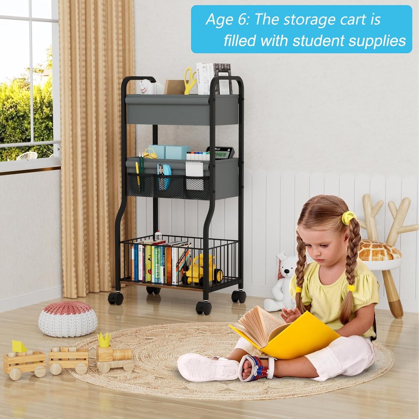 3-tier Baby Diaper Caddy Organizer and Storage Cart with 4+3 Dividers, Metal Utility Cart with Lockable Wheels for Nursery, Bedroom, Bathroom, White