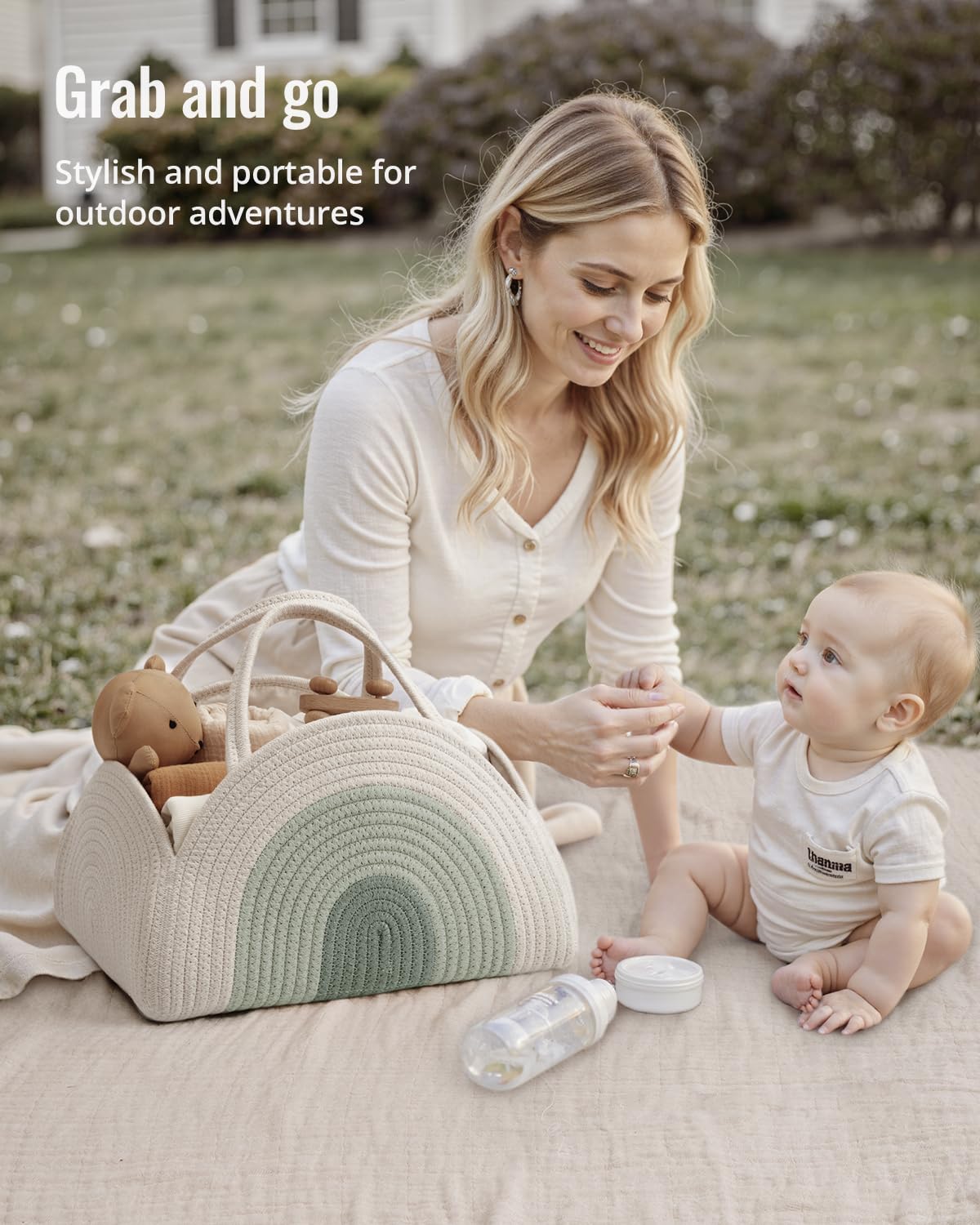 Blissful Diary Baby Diaper Caddy Organizer, Cotton Rope Diaper Caddy Basket, Large Storage Basket for Newborn Boys and Girls, Gift for Baby Shower List, Newborn Essentials, Earthy Rainbow