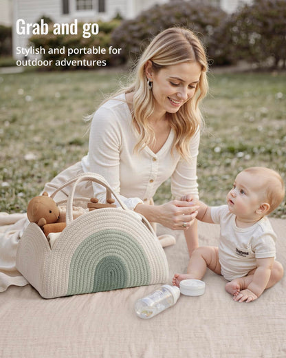 Blissful Diary Baby Diaper Caddy Organizer, Cotton Rope Diaper Caddy Basket, Large Storage Basket for Newborn Boys and Girls, Gift for Baby Shower List, Newborn Essentials, Earthy Rainbow