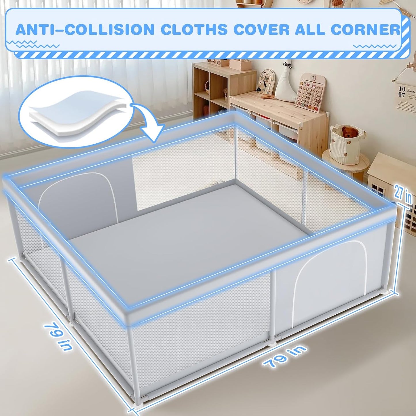 XVISHX Baby Playpen 50 x 50 Inch Play Pen Playards, Playpen for Babies and Toddlers, Baby Playard for Indoor & Outdoor Active Center Game Fence, with Skin-Friendly Fabric and Soft Breathable Mesh Grey