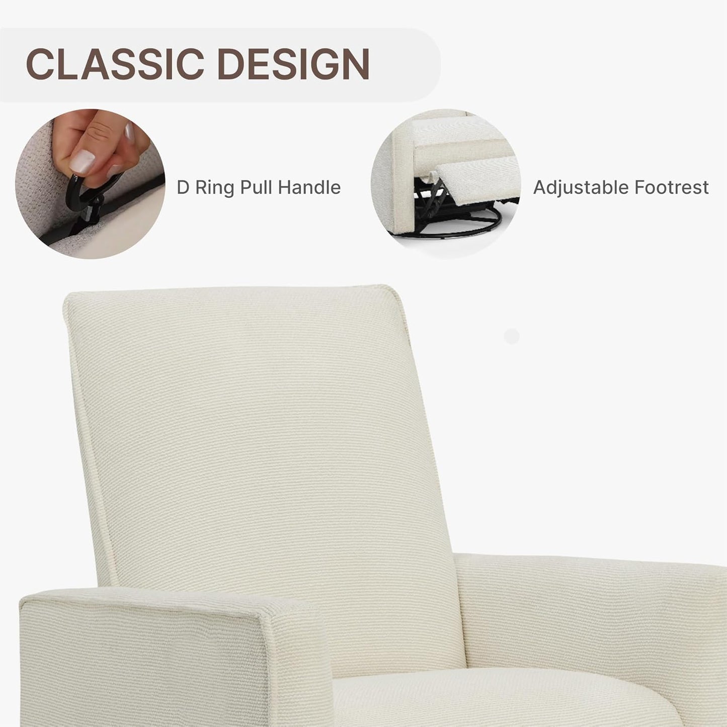 KISLOT Swivel Rocker Recliner Chair, Nursery Glider Recliner with Wood Base Manual Rocking Comfy Upholstered Fabric Reclining Single Sofa for Nursery Bedroom Living Room