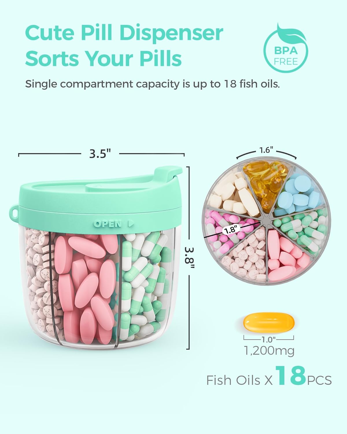 AMOOS Cute Pill Dispenser with 7 Compartments, Pill Bottle Organizer with Anti-Mix Design, Portable Pill Organizer for Travel with Wide Mouth for Easy Access, BPA-Free Patented Pill Container, Pink