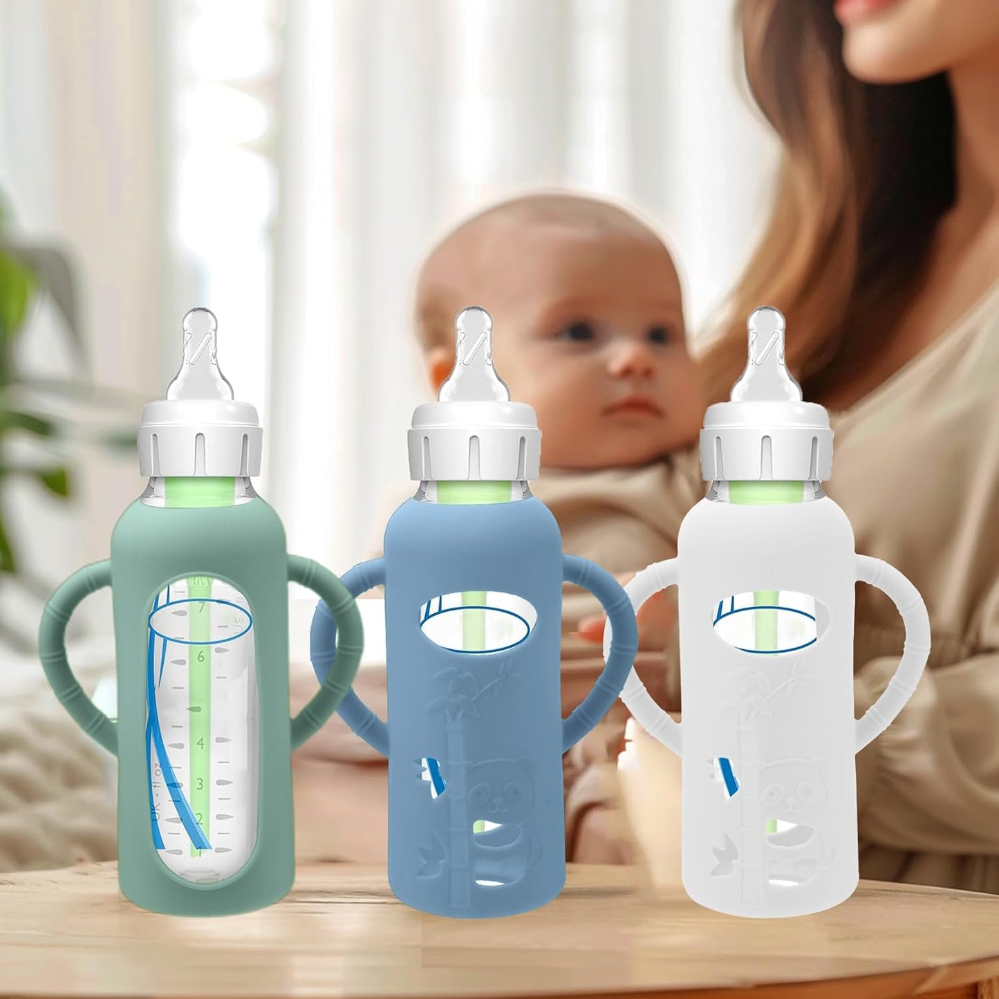 BUSOHA 3 Pack Silicone Sleeves for Dr Brown Glass Baby Bottles - Drop Protection Baby Bottle Sleeves,Compatible with Dr. Brown's Newborn Glass Bottles,with Silicone Handles,8 oz