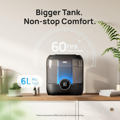 DREO Humidifiers for Bedroom, 6L Easy to Fill & Clean, 60H Runtime for Large room, 28 dB Quiet Cool Mist Air Humidifier for Plant, Baby Nursery, Home, Indoor, Night Light, Precise Humidity Control
