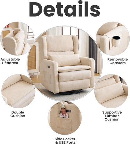 Power Recliner Chair Swivel Glider with Adjustable Headrest，Oversized Swivel Rocker Recliner with Lumbar Support, Upholstered Nursery Glider Recliner for Living Room,White