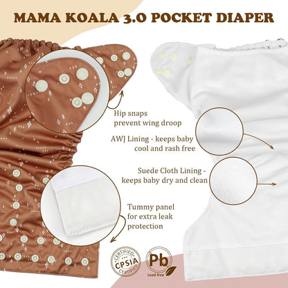 Mama Koala 3.0 Pocket Cloth Diapers for Babies with AWJ Lining, 6 Pack with 6 4-Layer Natural Cloth Diaper Inserts - Reusable and Washable Pocket Diapers(Hardworking Bees) - Colors A