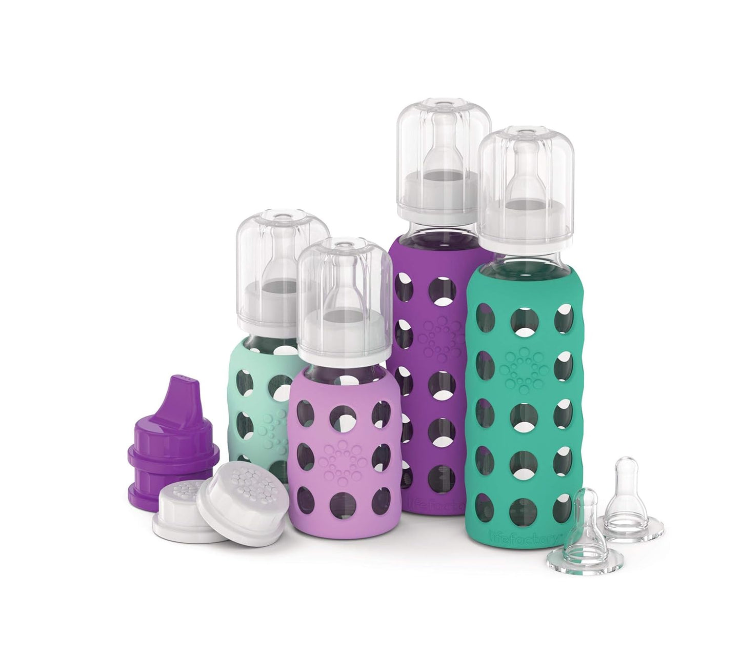 Lifefactory Baby Bottle Starter Set 10-Piece | 4 oz Mint & Blanket, 9 oz Kale & Blueberry | Includes Flat Caps, Sippy Caps, Stage 2 Nipples
