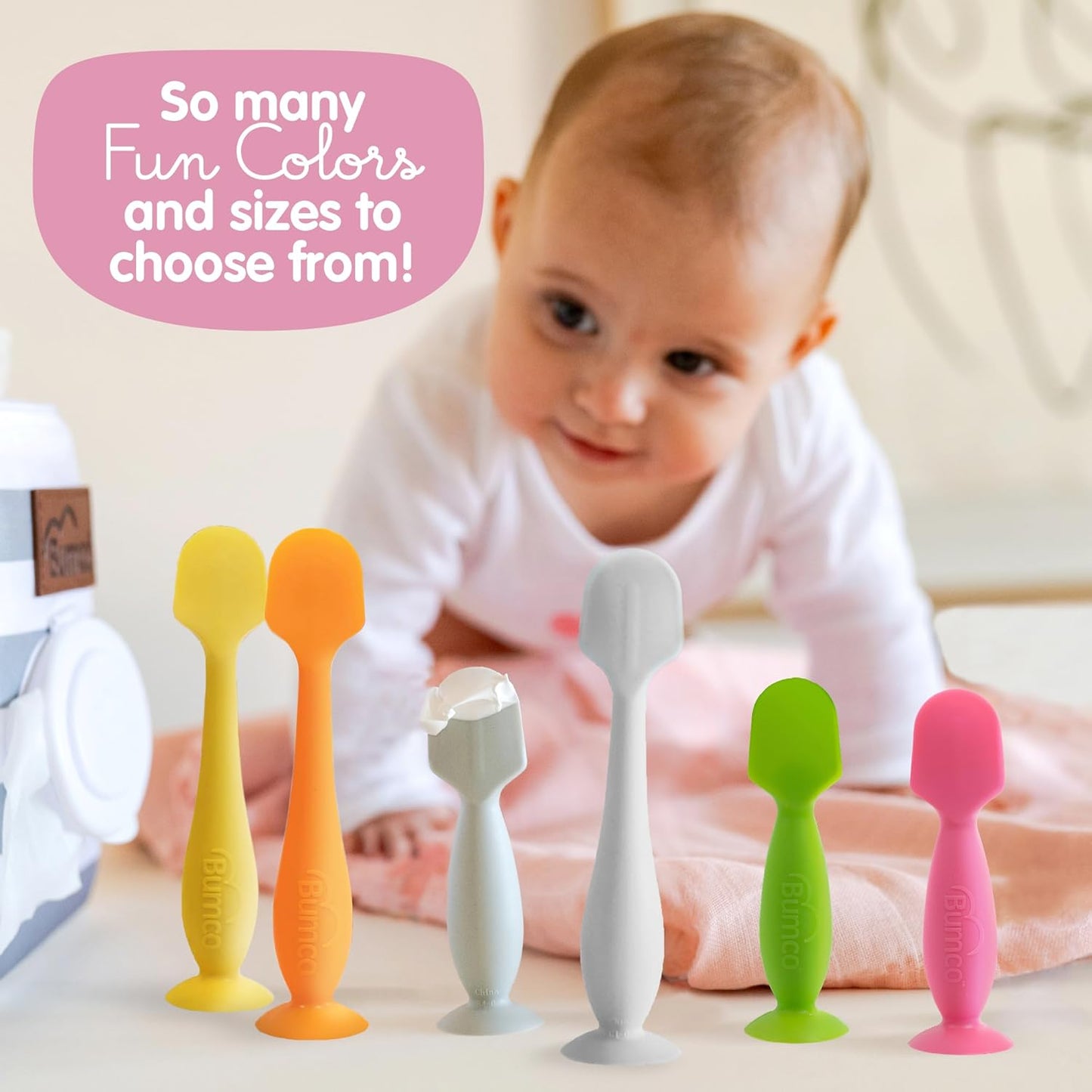 Bumco Baby Bum Brush - BPA-Free Diaper Cream Spatula with Suction Cup Base, Soft & Flexible Silicone, Wipe-Clean, Mom-Invented Diaper Bag Essentials (Gray)