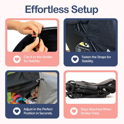 Stroller Sun Shade Extender – Universal Clip-On Baby Stroller Sun Shade Cover, UV Protection, Breathable See-Through Mesh, Adjustable Fit, Large Black