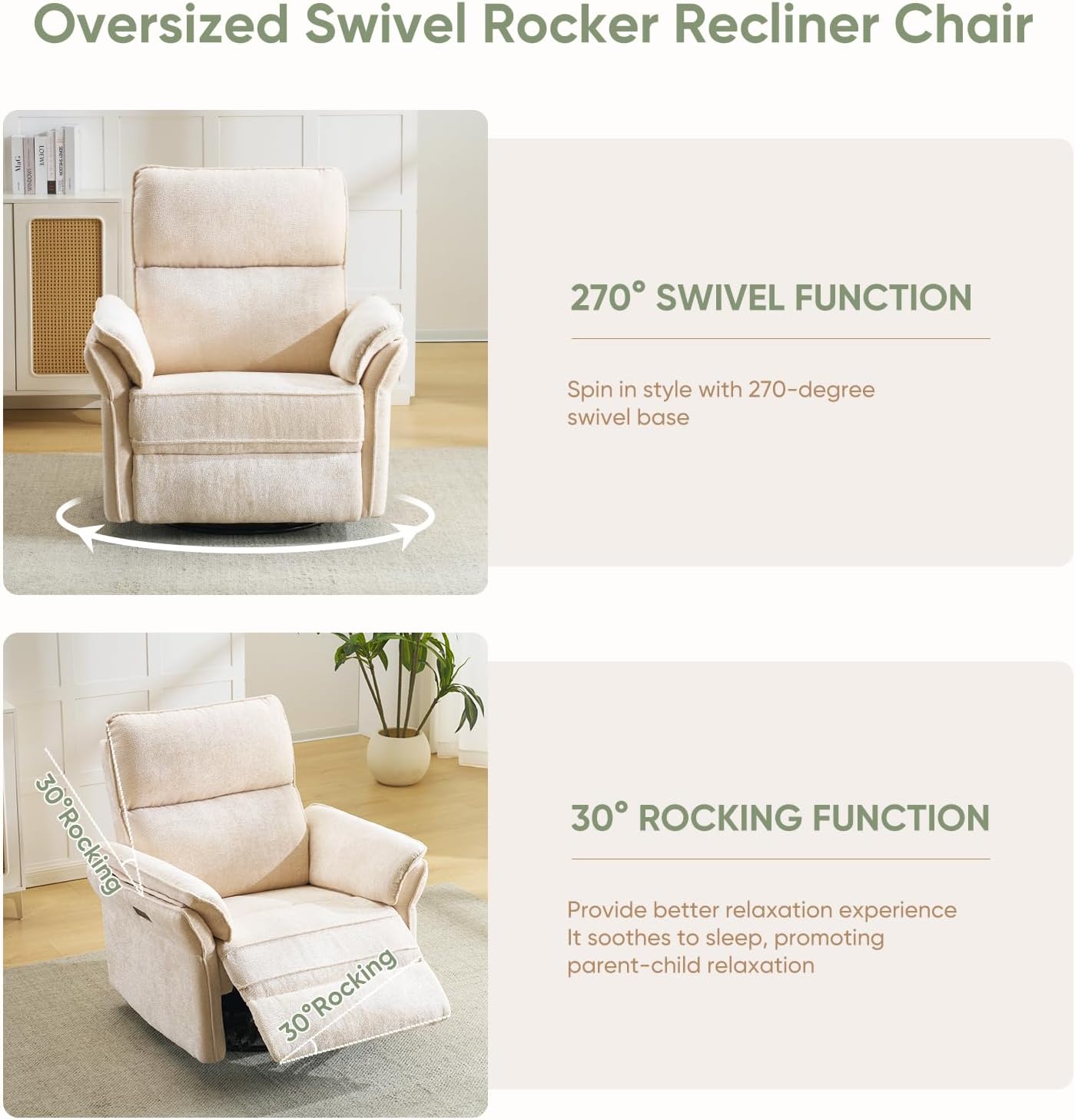 Oversized Glider Rocker Recliner, 26" Extra Wide 360° Swivel Nursery Recliner with Adjustable Headrest, Chenille Rocking Nursery Chair with Overstuffed Armrest, Lumbar Support, Light Grey
