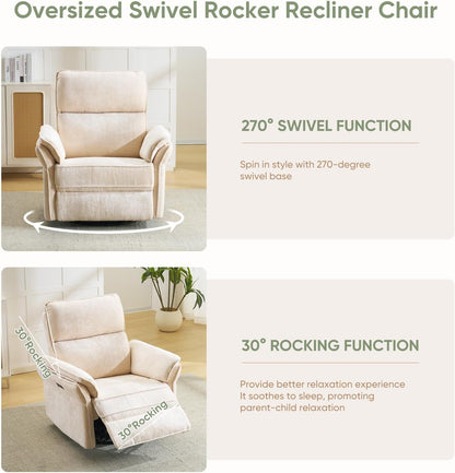 Oversized Glider Rocker Recliner, 26" Extra Wide 360° Swivel Nursery Recliner with Adjustable Headrest, Chenille Rocking Nursery Chair with Overstuffed Armrest, Lumbar Support, Light Grey
