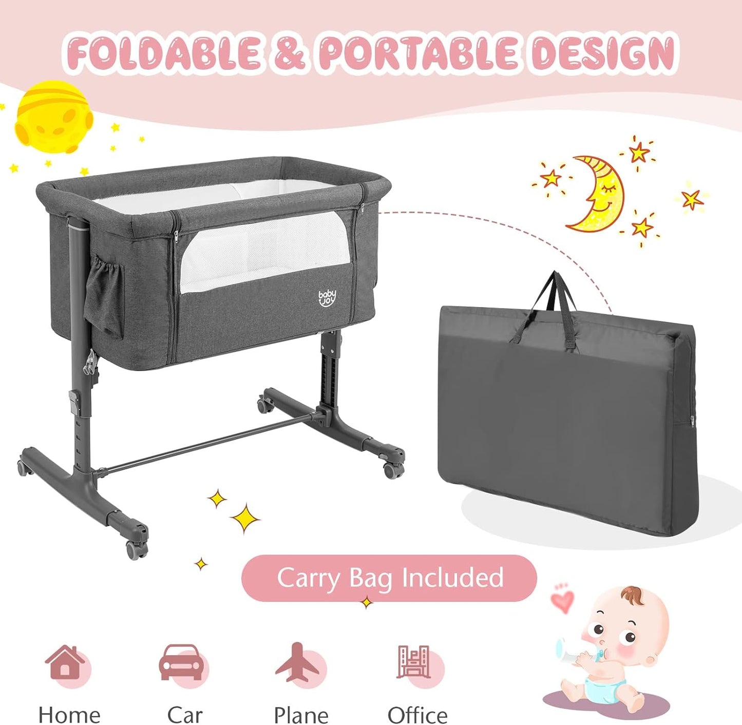 BABY JOY Bassinet Bedside Sleeper, 3 in 1 Folding Crib w/Adjustable Height, Mattress, Lockable Wheels, Storage Pocket & Carry Bag for Infant Newborn, Stationary & Rock, Portable Baby Bassinet (Grey)