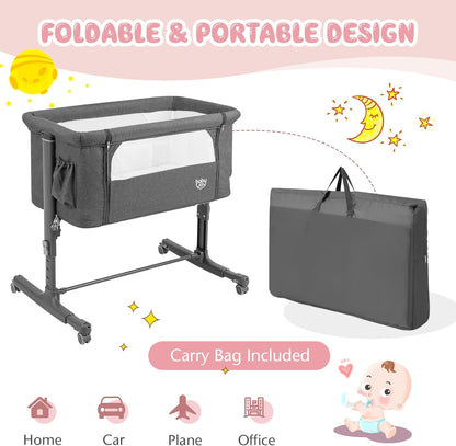 BABY JOY Bassinet Bedside Sleeper, 3 in 1 Folding Crib w/Adjustable Height, Mattress, Lockable Wheels, Storage Pocket & Carry Bag for Infant Newborn, Stationary & Rock, Portable Baby Bassinet (Grey)