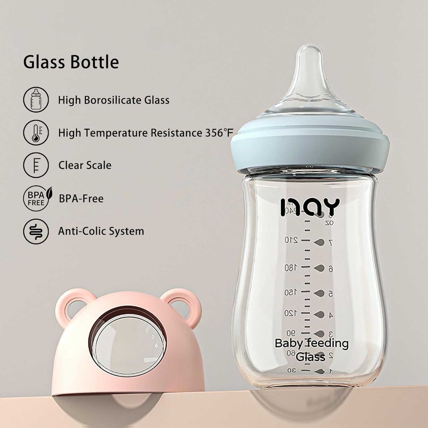 yanyoyo Natural Glass Baby Bottle for Breastfeeding Babies, 5.4oz Anti-Colic Baby Bottle with Natural Response Nipple(S), Clear, Wide Neck, 2 Pack, 1 Months+