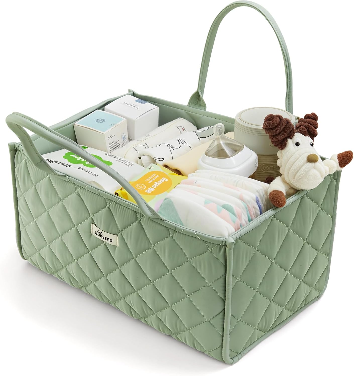 SUNVENO Quilted Diaper Caddy Organizer, Soft Padded Baby Diaper Caddy with Removable Dividers, Large Nursery Storage Basket for Diapers, Wipes and Baby Essentials, Portable Nursery Organizer, Brown