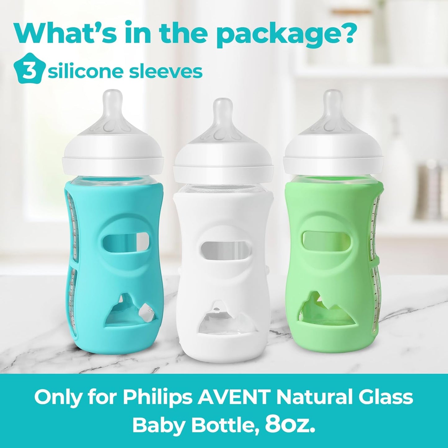 3 Pack Silicone Sleeves for Philips Avent Natural Glass Baby Bottles, Food Grade Silicone Anti Breakage Baby Bottles Holder, Compatible with Philips Avent Glass Natural Baby Bottle 8oz
