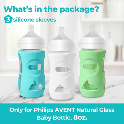 3 Pack Silicone Sleeves for Philips Avent Natural Glass Baby Bottles, Food Grade Silicone Anti Breakage Baby Bottles Holder, Compatible with Philips Avent Glass Natural Baby Bottle 8oz