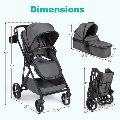 BABY JOY 2 in 1 Baby Stroller, High Landscape Convertible Bassinet Stroller with Reversible Seat, Net, Adjustable Canopy, Cup Holder, Foldable Pushchair Pram Stroller for Newborn Toddlers (Gray)