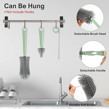 Bottle Brush Set -Baby Travel Essential-6 in 1 Bottle Cleaner Kit with Silicone Bottle Brush,Nipple Cleaner Brush,Straw Brush,Soap Dispenser,Storage Box,Bottle Drying Rack for Home and Travel(Green)