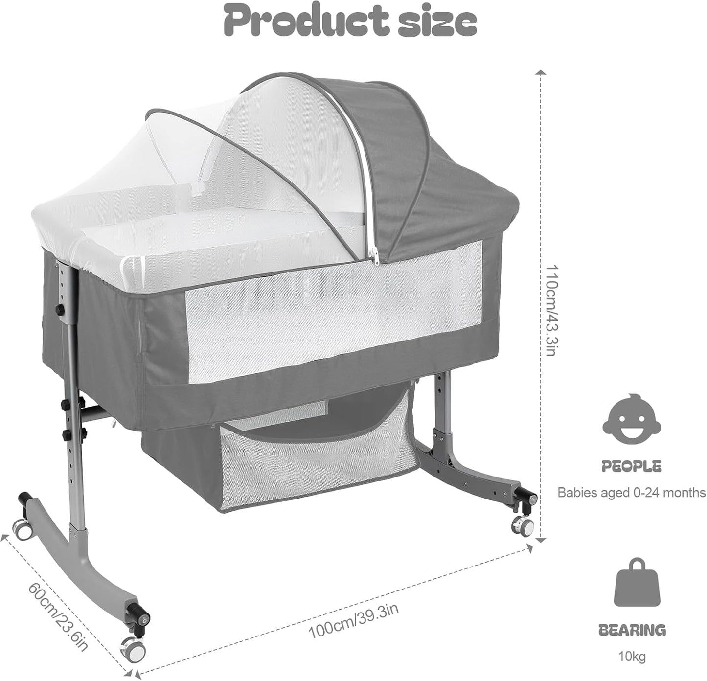 Baby Bedside Sleeper Bassinet with Changing Table, 39.4x23.6in, Portable, 6-Height Adjustable, 4-in-1 Iron Frame, Silent Wheels & Brakes, Breathable Mesh, Grey, for 0-24 Months