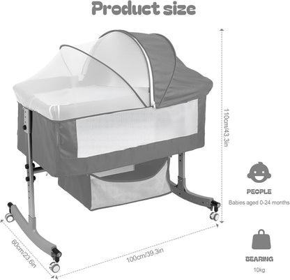 Baby Bedside Sleeper Bassinet with Changing Table, 39.4x23.6in, Portable, 6-Height Adjustable, 4-in-1 Iron Frame, Silent Wheels & Brakes, Breathable Mesh, Grey, for 0-24 Months