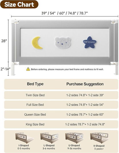 Baby Bed Rail Guard for Toddlers, Reinforced 74.8in Toddler Bed Rails for Twin, Full, King Bed with Height Adjustable, Extral Tall Child Safety Side Railing Guards/Bedrail for Kids, Grey Star, 1 Side