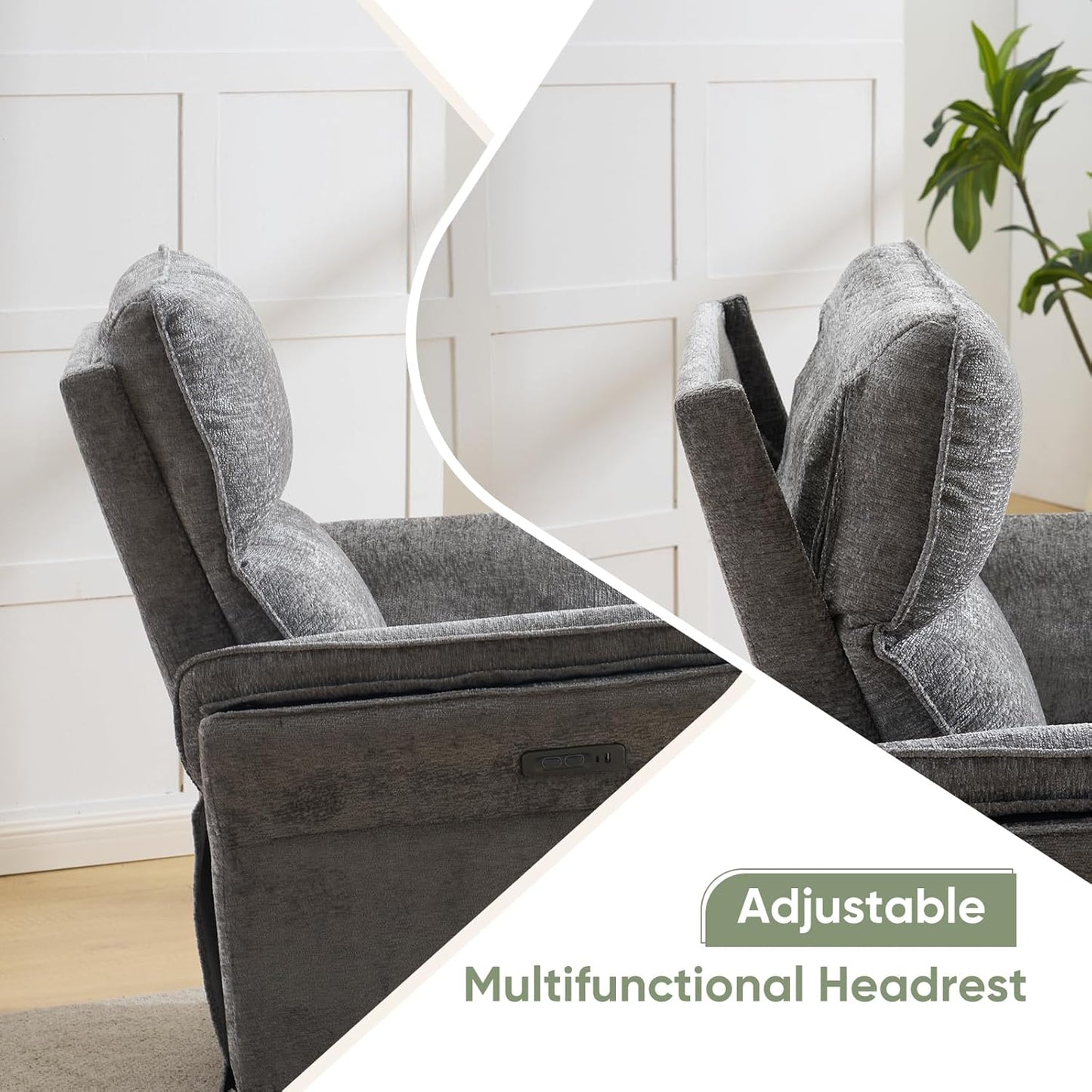 Oversized Glider Rocker Recliner, 26" Extra Wide 360° Swivel Nursery Recliner with Adjustable Headrest, Chenille Rocking Nursery Chair with Overstuffed Armrest, Lumbar Support, Light Grey