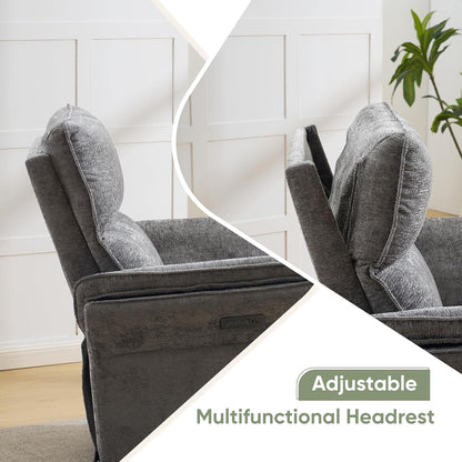 Oversized Glider Rocker Recliner, 26" Extra Wide 360° Swivel Nursery Recliner with Adjustable Headrest, Chenille Rocking Nursery Chair with Overstuffed Armrest, Lumbar Support, Light Grey