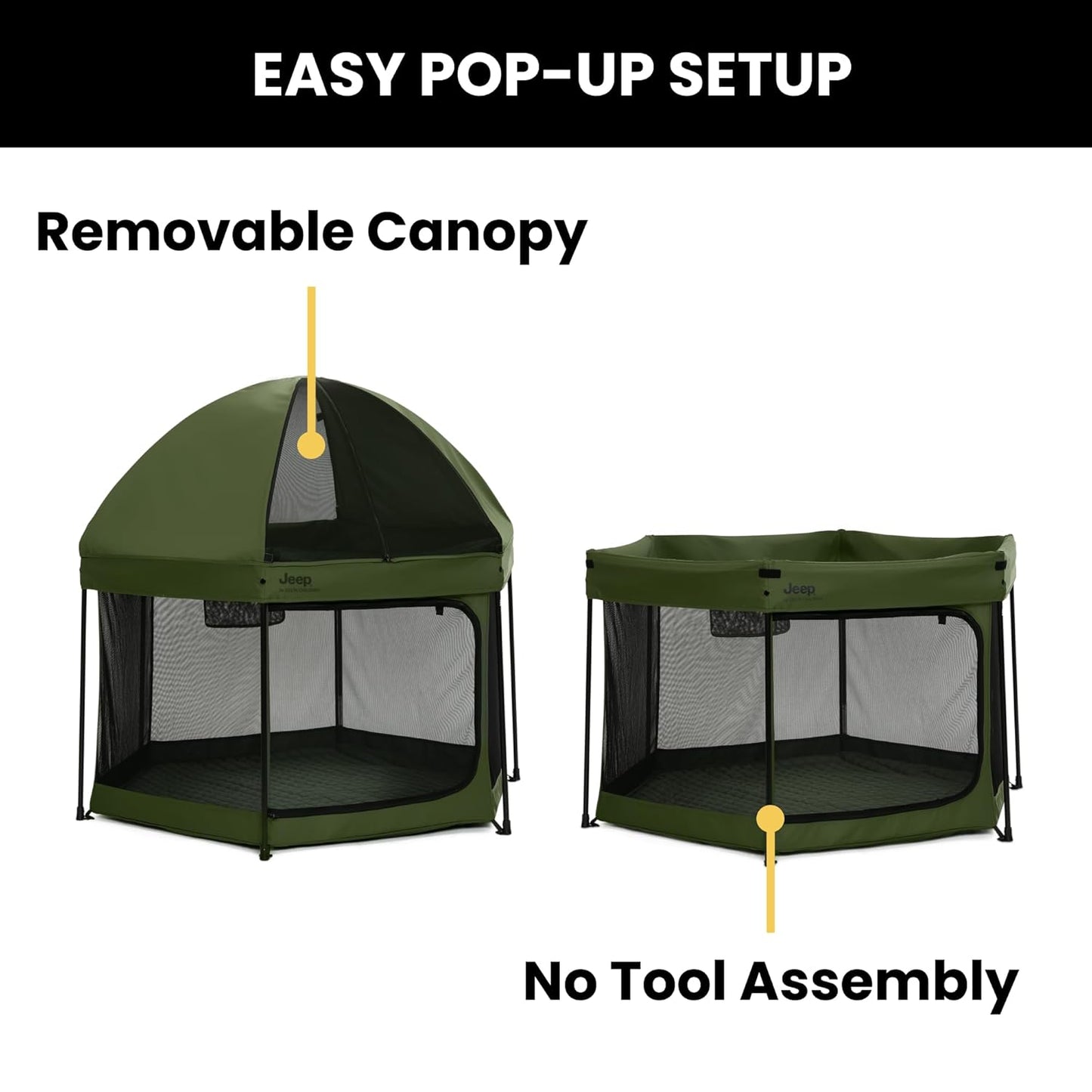 Jeep Hexagon Pop Up Play Yard with Removable Canopy | Ideal for Indoor and Outdoor Use, Olive Green