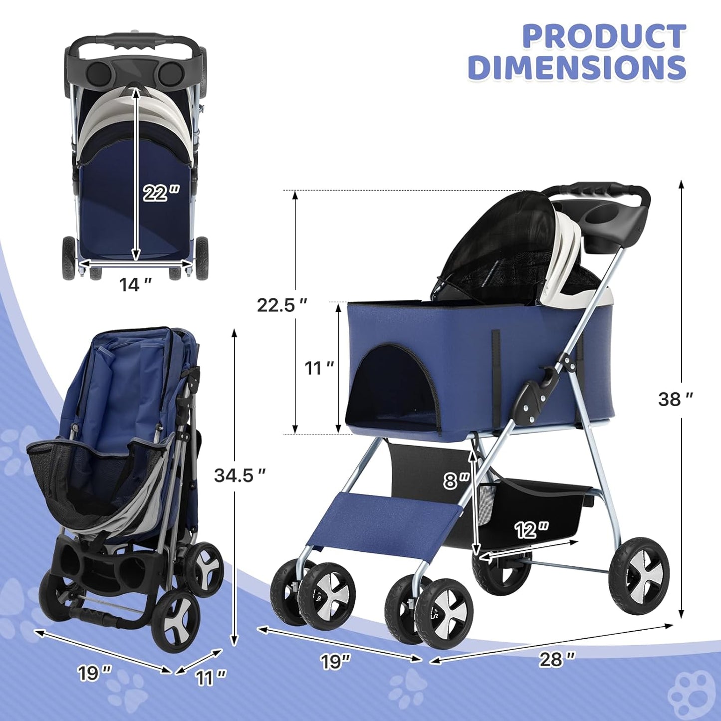 Magshion Compact Pet Stroller for Small-Medium Dogs/Cats up to 22lbs, 4-Wheel Lightweight Umbrella Shaped Portable Puppy Travel Jogger with Breathable Mesh, Cup Holder & Rear Storage, Black