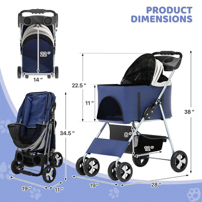 Magshion Compact Pet Stroller for Small-Medium Dogs/Cats up to 22lbs, 4-Wheel Lightweight Umbrella Shaped Portable Puppy Travel Jogger with Breathable Mesh, Cup Holder & Rear Storage, Black