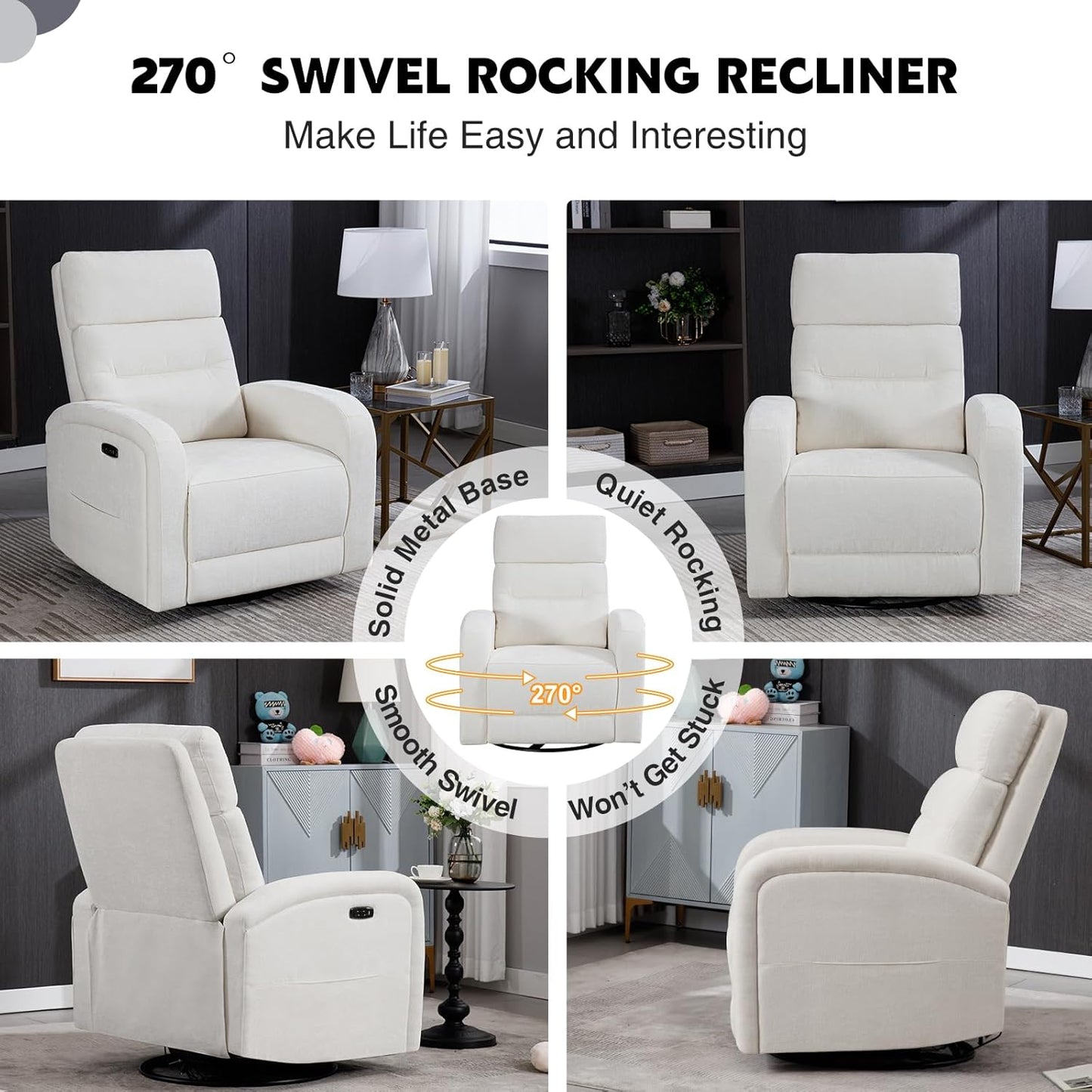 Power Swivel Rocker Recliner Chair for Nursery, Swivel Reclining Rocking Chairs, Electric Glider for Living Room, Upholstered Recliner Chairs for Bedroom, Corduroy White