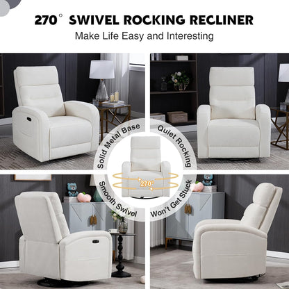 Power Swivel Rocker Recliner Chair for Nursery, Swivel Reclining Rocking Chairs, Electric Glider for Living Room, Upholstered Recliner Chairs for Bedroom, Corduroy White