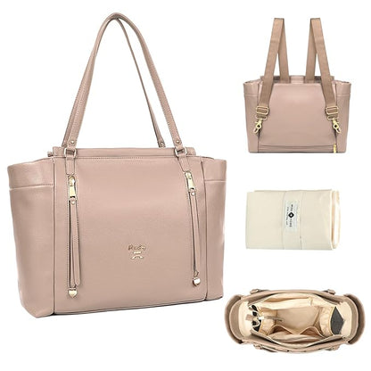 miss fong Diaper Bag Tote Leather Diaper Bag Backpack, Large Capacity Mommy Bag Hospital Bag, 12 Pockets Travel Diaper Tote with Changing Pad Pañaleras Para Bebe for Moms & Dad-Khaki