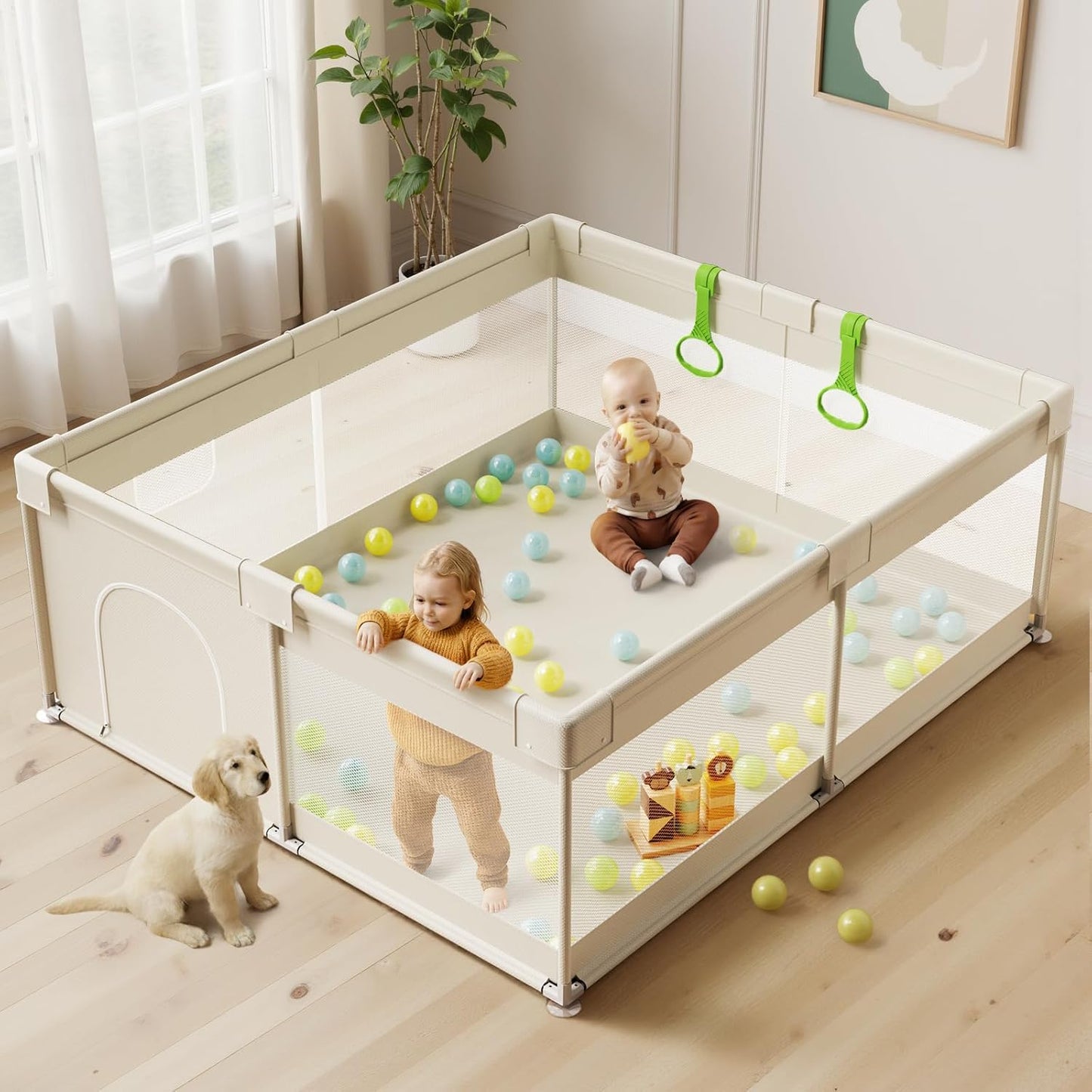 Fodoss Baby Playpen 50×50in, Small Play Pen for Babies and Toddlers, Playpen for Apartment, Play Yard, Activity Fence, Baby Playard with All-Side Mesh, Pull Rings
