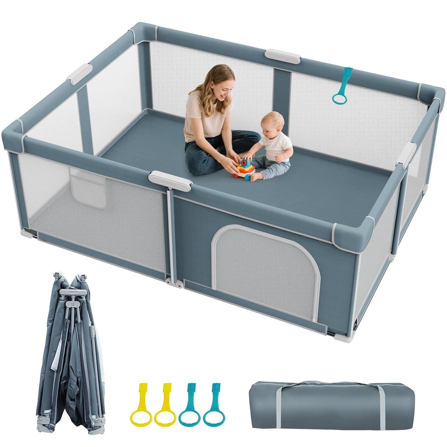 Foldable Baby Playpen - 71"×59" Collapsible Play Pen for Babies and Toddlers - Indoor Outdoor Foldable Play Yard with 4 Handles - Folding Baby Playpen with Bag Portable Travel Play Yard