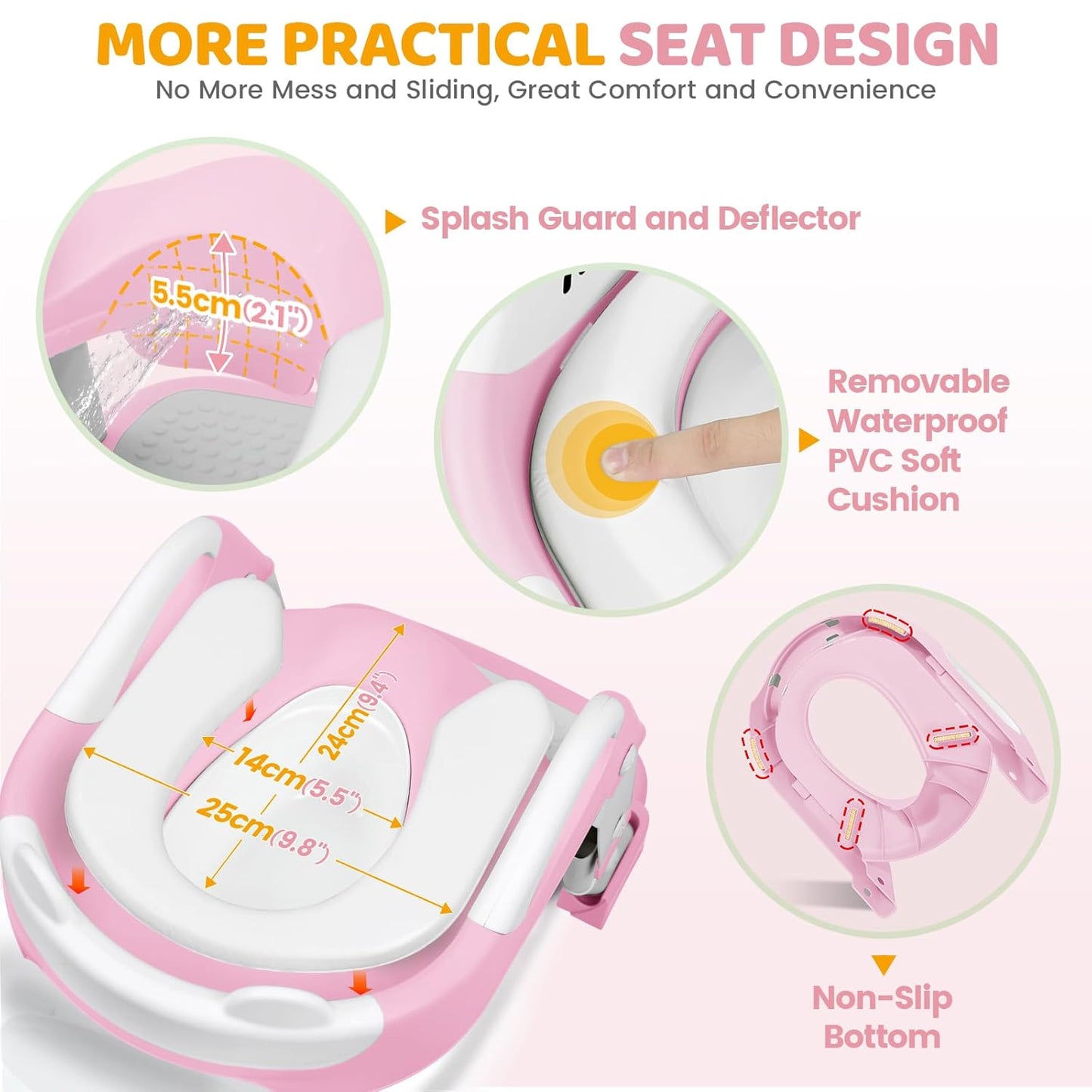 Orzbow Potty Training Seat | Upgrade Toddler Potty Training Toilet with Step Stool, 2-in-1 Stability Toilet Seat for Boys Girls | with Splash Guard, Anti-Slip Pad, Ladder, and Height Adjustable, Pink