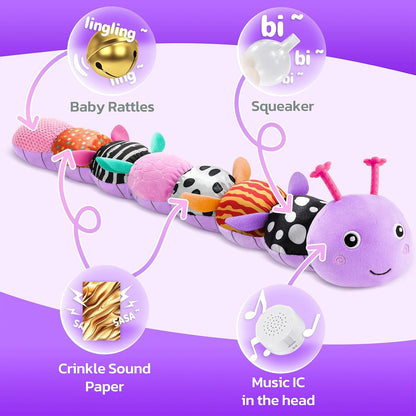 HEMRLY Baby Sensory Toy 0-6 Months, Musical Stuffed Caterpillar Plush with Teether, Crinkle, Rattle, Baby Mirror for Tummy Time, Infant Car Seat Toy for 0-3-6-12 Month Boys Girls Gifts - Knotted Green