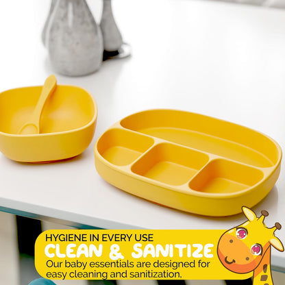 Baby Feeding Set by Muqee Peeko as a Baby Feeding Essentials in Baby Apricot Color with Baby Suction Plates for Toddlers, Baby Bowls with Suction and Baby Spoon (3 Piece Set)