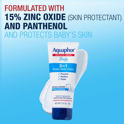 Aquaphor Baby Diaper Rash Cream, 3-in-1 Diaper Rash Relief, 3.5 Oz Tube, (Pack of 3)