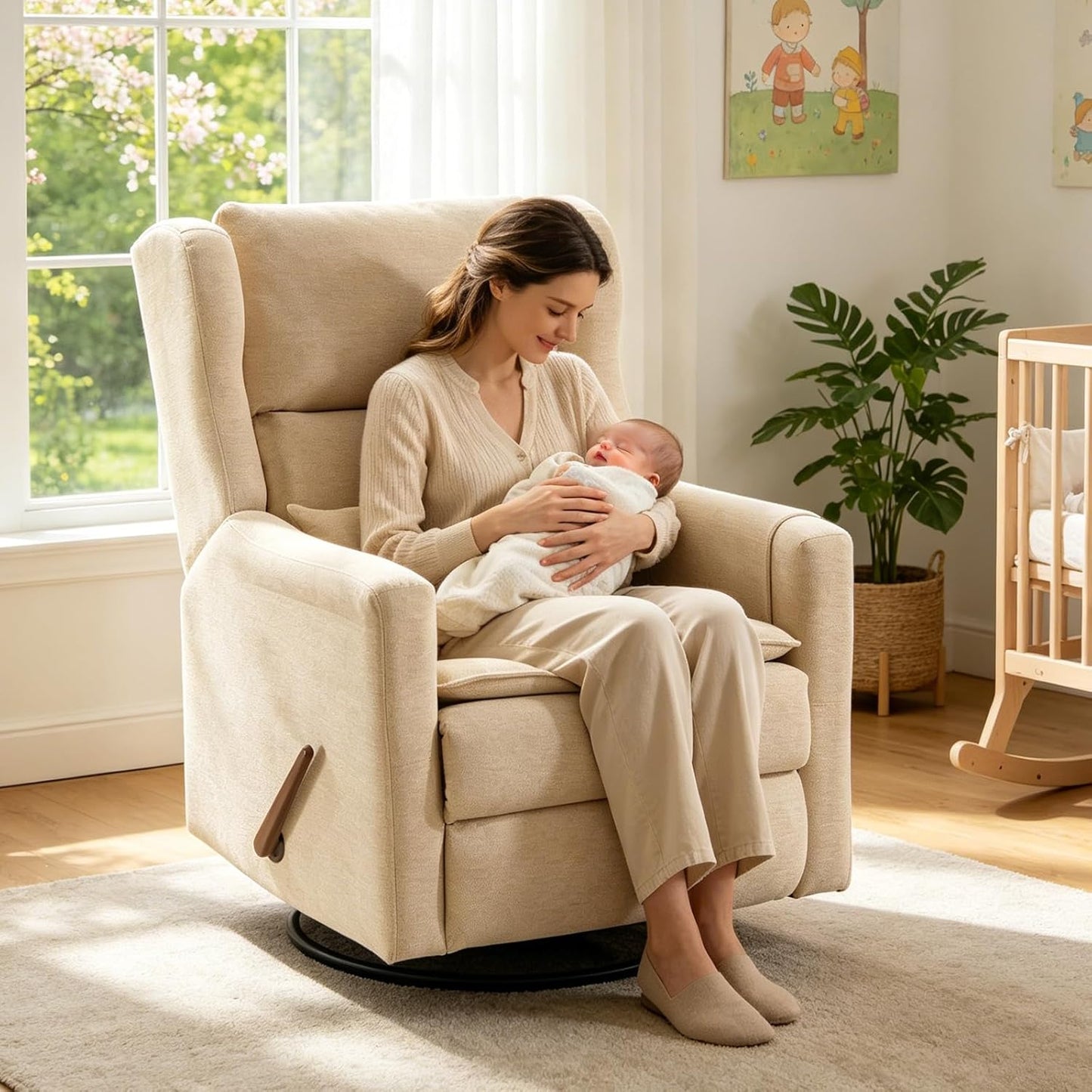 Large Glider Rocker Recliner,Rocking Chair Nursery with Adjustable Headrest,Swivel Rocker Recliner with Lumbar Support,Manual Nursery Rocker Recliner for Living Room& Bedroom,Chenille White