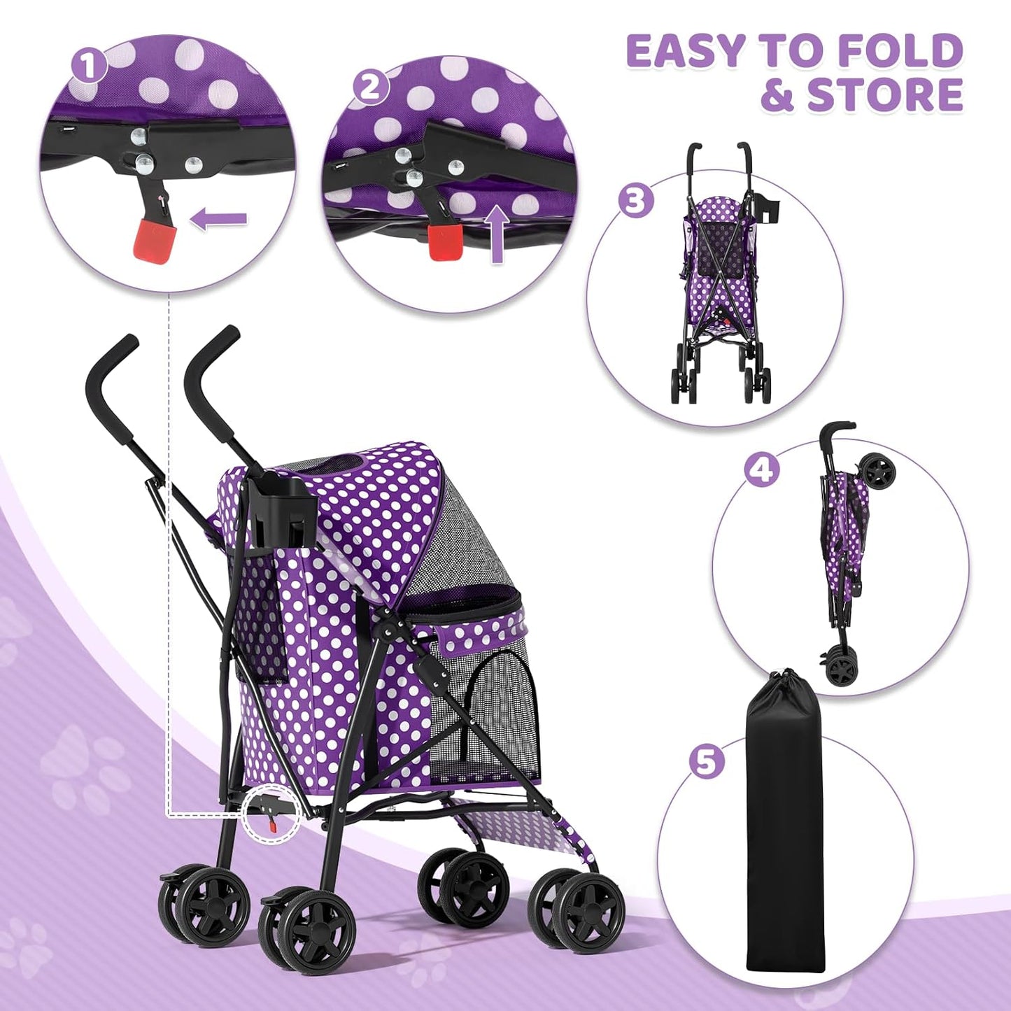 Magshion Compact Pet Stroller for Small-Medium Dogs/Cats up to 22lbs, 4-Wheel Lightweight Umbrella Shaped Portable Puppy Travel Jogger with Breathable Mesh, Cup Holder & Rear Storage, Black