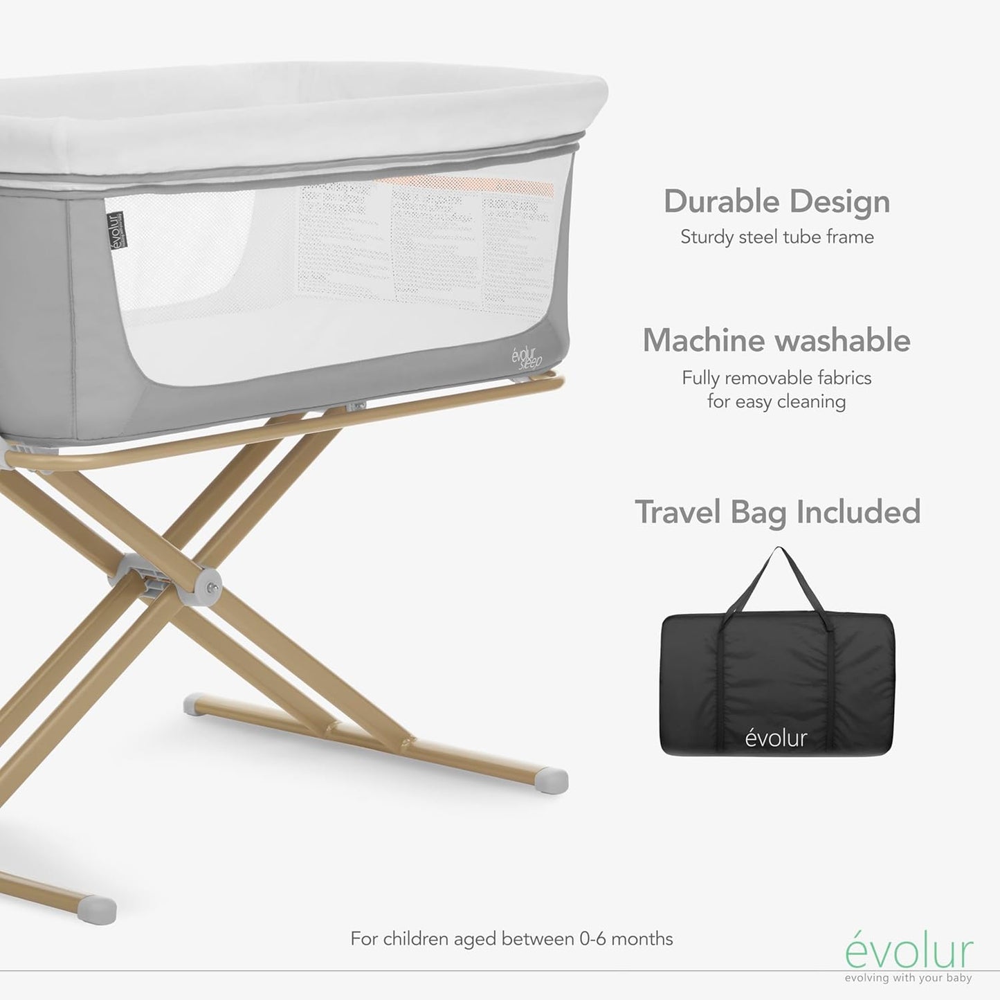 Evolur Orabelle Baby Bassinet & Bedside Sleeper, Breathable Mesh Sides, Plush Mattress Pad with Removable Cover, Tool-Free Assembly, Quick Foldable Steel Frame Compact Design with Travel Bag – Black